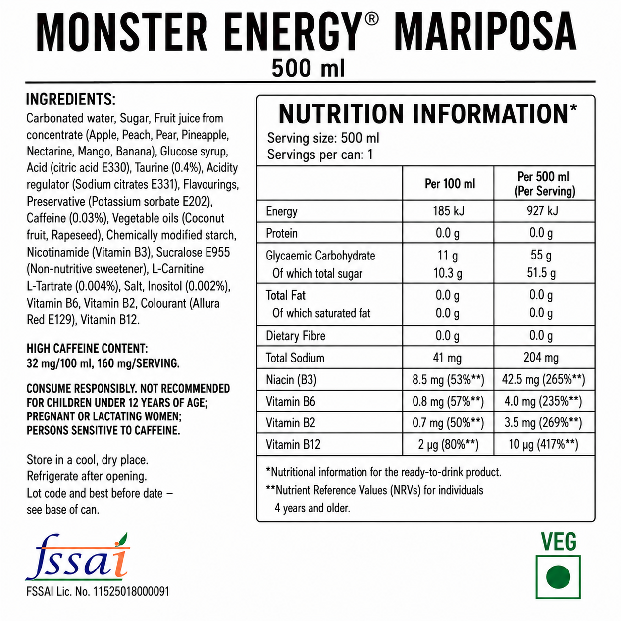 Monster Energy Drink Mariposa 500ml (Pack of 4) Imported From UK