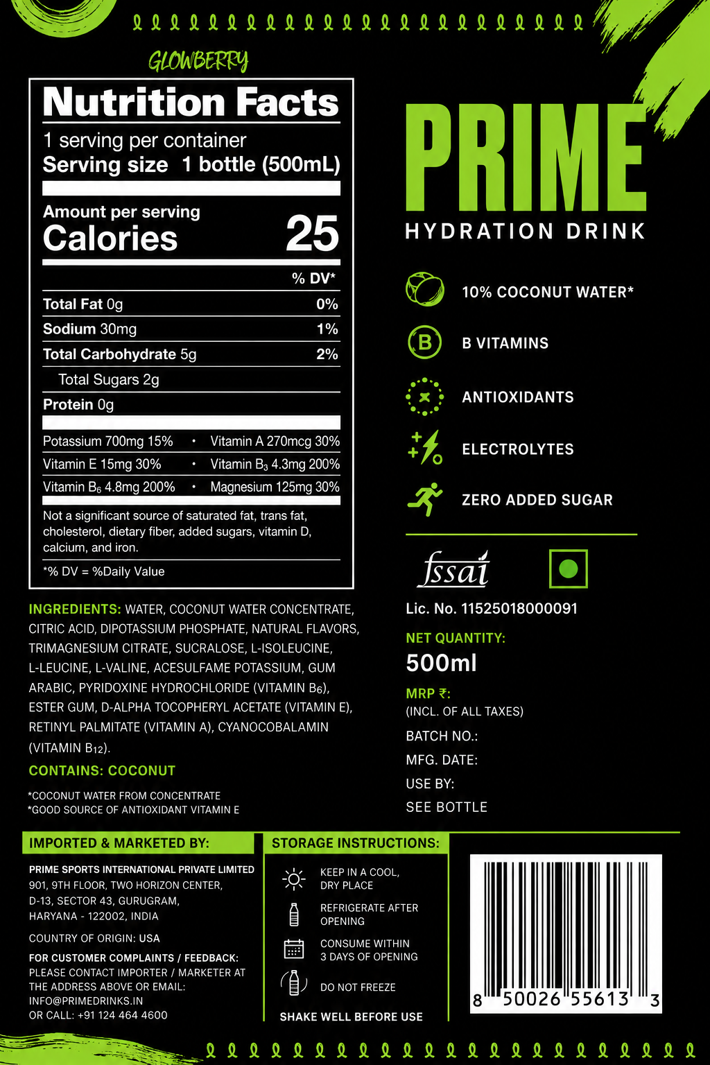 Prime Hydration Glowberry Drink 500ml Imported From USA - Nosh Products