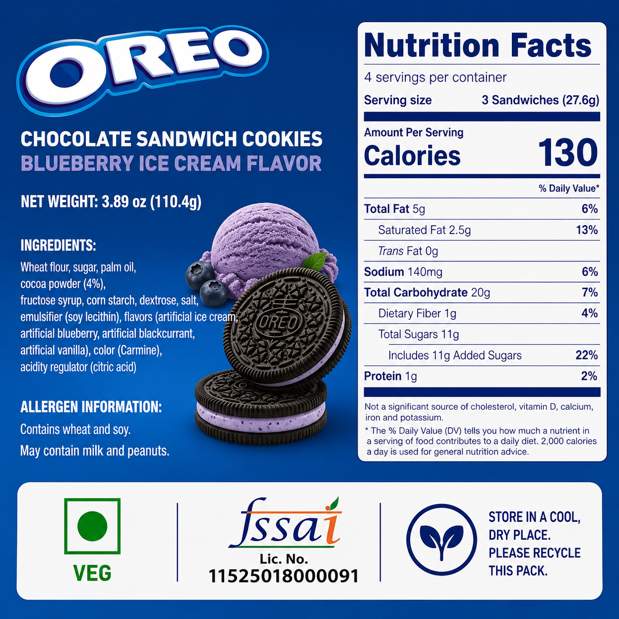 Oreo Blueberry Icecream Cookie 133gm Global Import