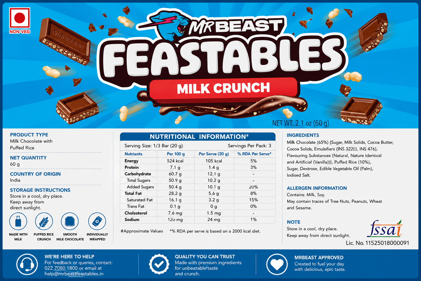 Feastables Milk Crunch Chocolate 60gm Imported From USA - Nosh Products
