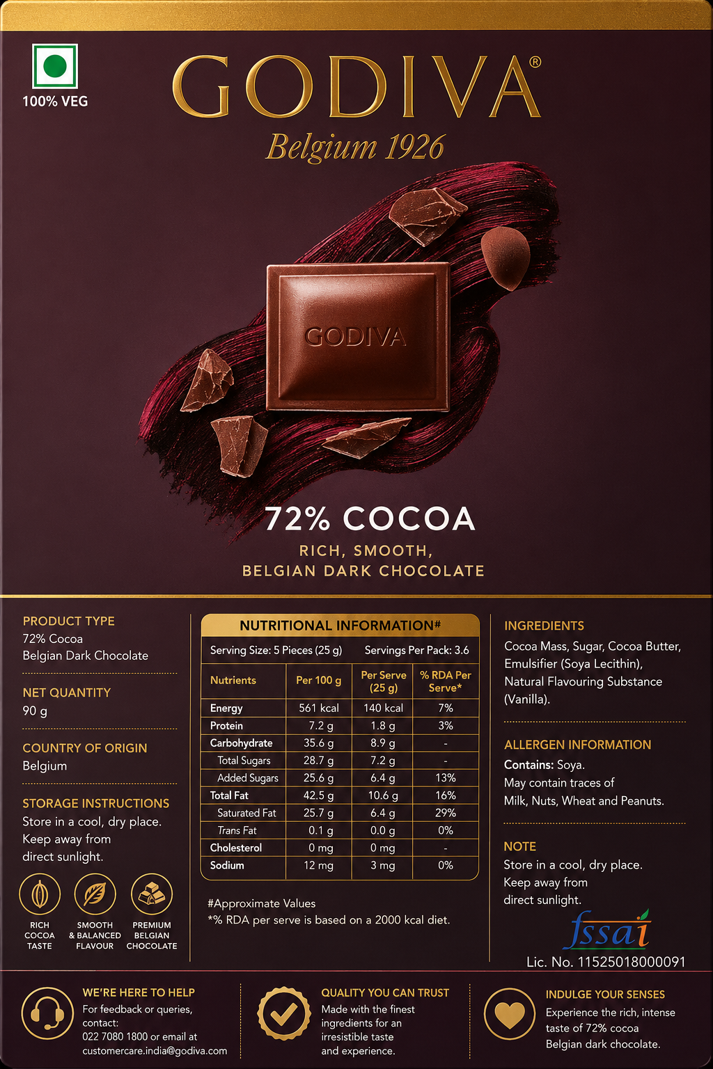Godiva 72% Dark Chocolate 90gm Imported From Switzerland - Nosh Products