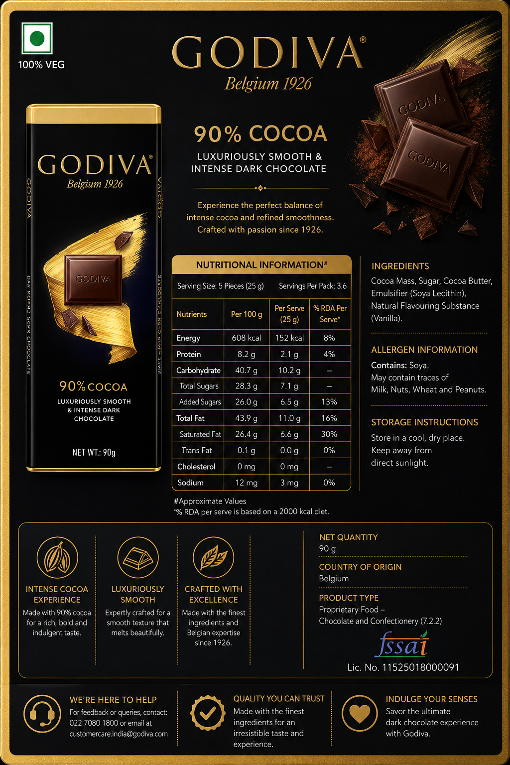 Godiva 90% Dark Chocolate 90gm Imported From Switzerland - Nosh Products