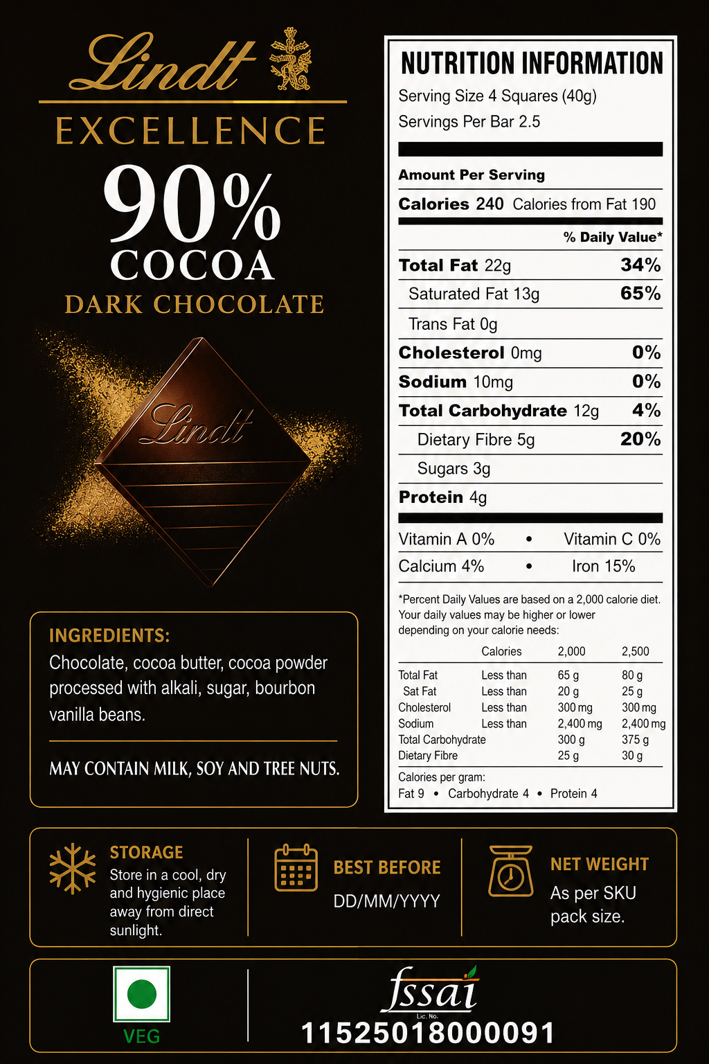Lindt Excellence 90% Dark Chocolate 100gm Global Import - Nosh Products