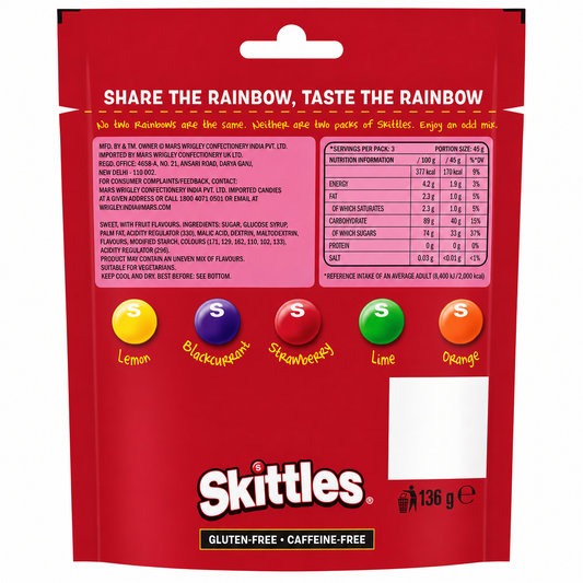 Skittles Fruits Candy 136gm Imported From UK - Nosh Products