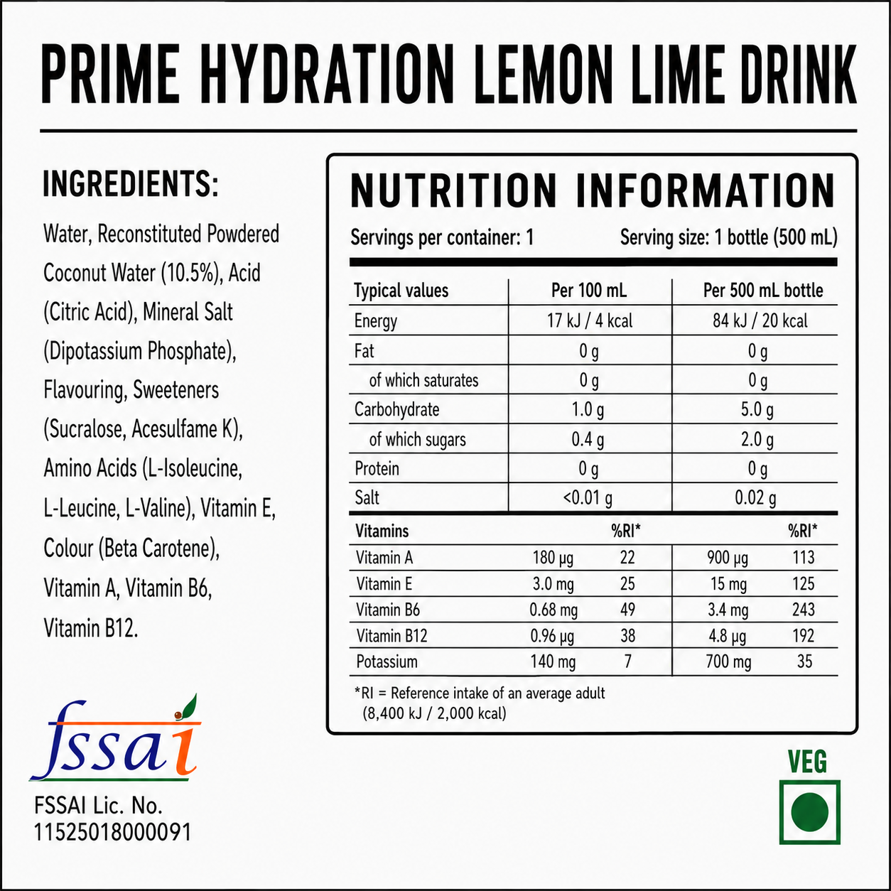 Prime Hydration Lemon Lime Drink 500ml Imported From USA - Nosh Products