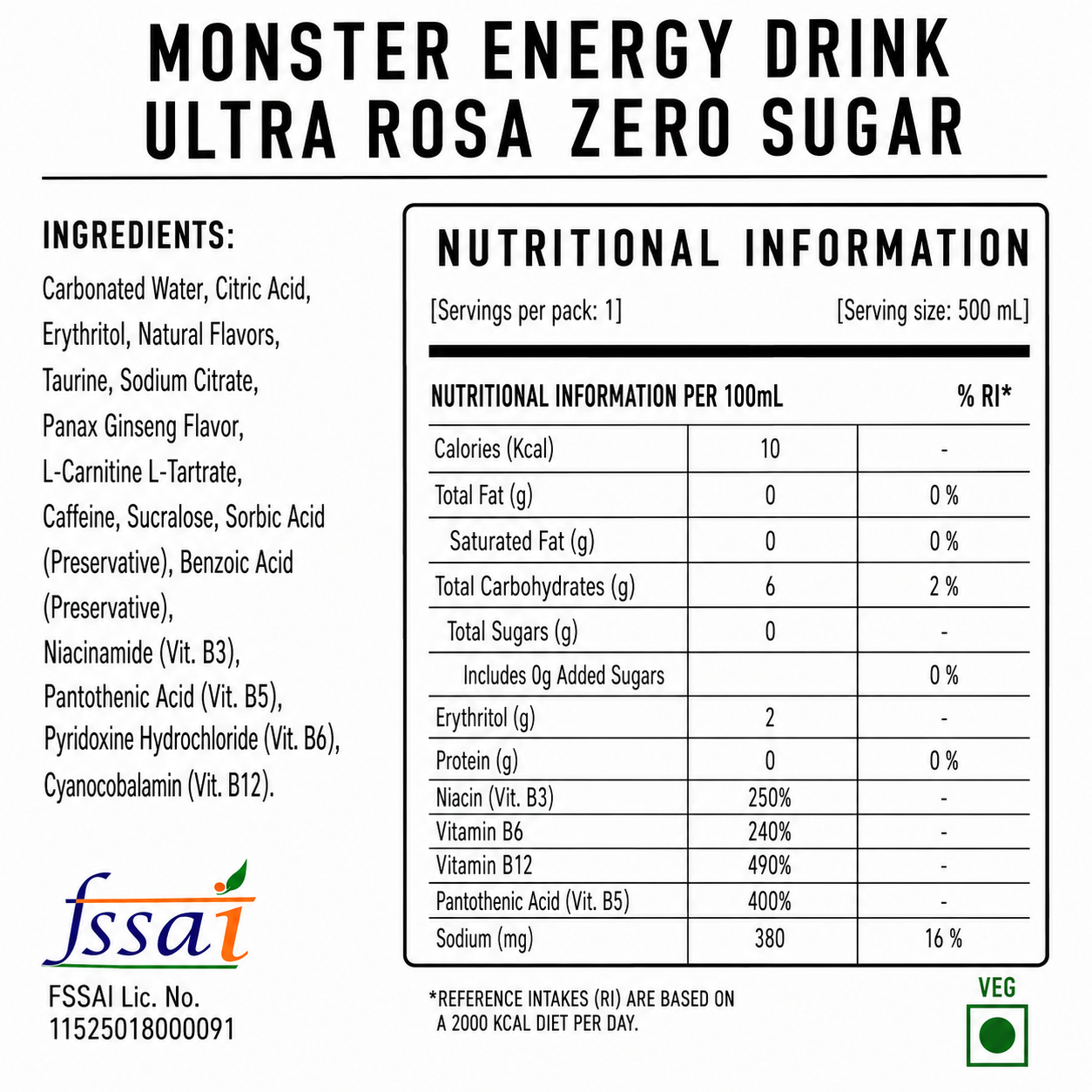 Monster Energy Drink Ultra Rosa Zero Sugar 500ml (Pack Of 4) Imported From UK