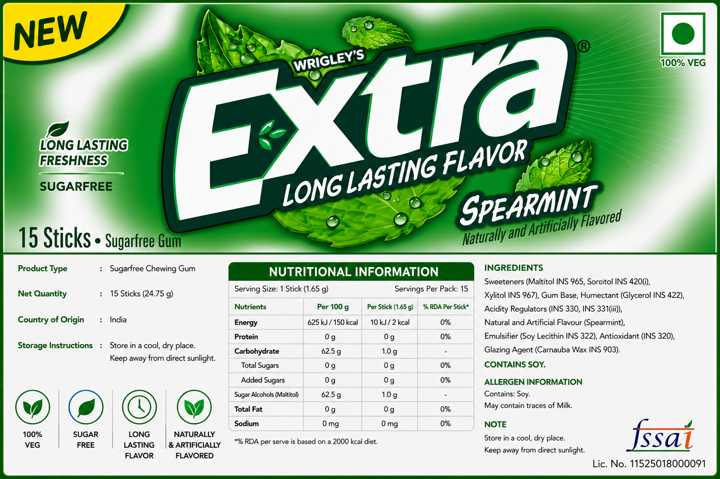 Extra Gum Spearmint Chewing Gum Imported From USA