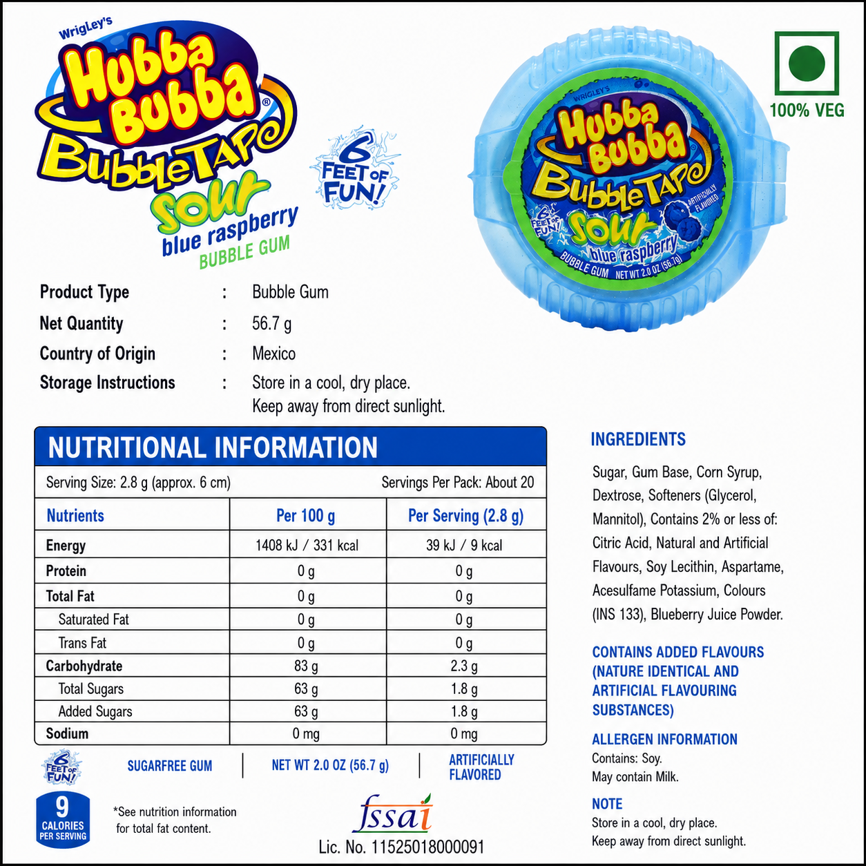 Hubba Bubba Tape Sour Blue Raspberry Chewing Gum 56gm - Nosh Products