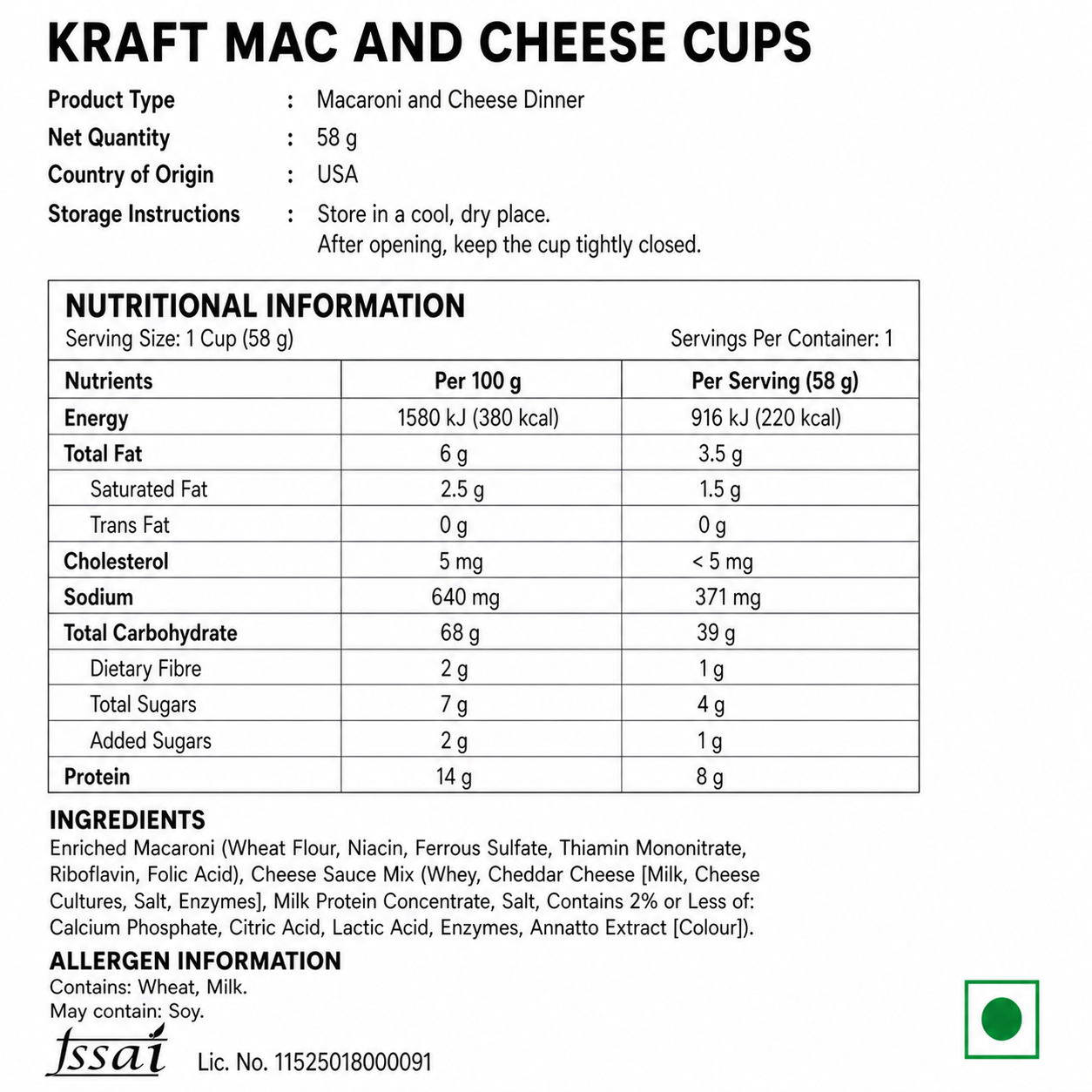 Kraft Macaroni And Cheese Original Microwavable Cup 58gm - Nosh Products