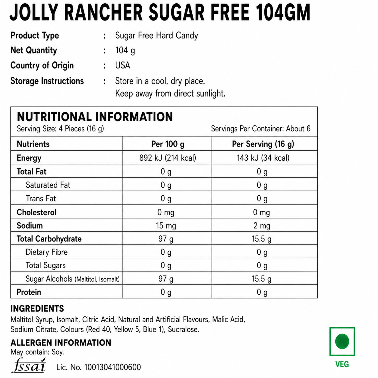 Jolly Rancher Sugar Free 104gm - Nosh Products