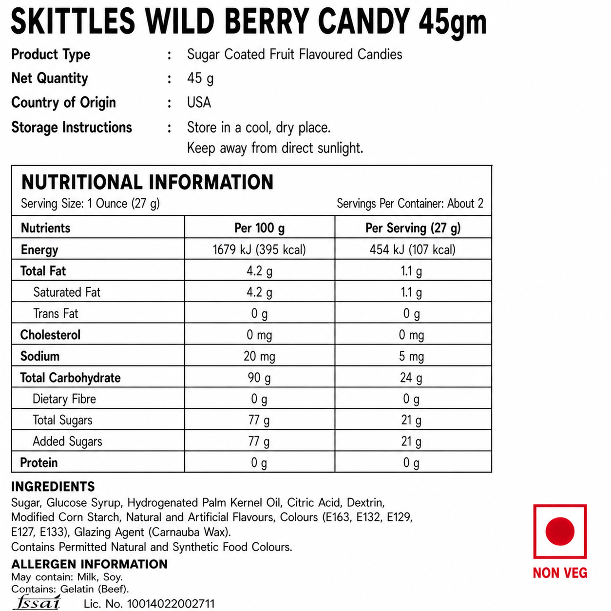 Skittles Wild Berry Candy 45gm - Nosh Products