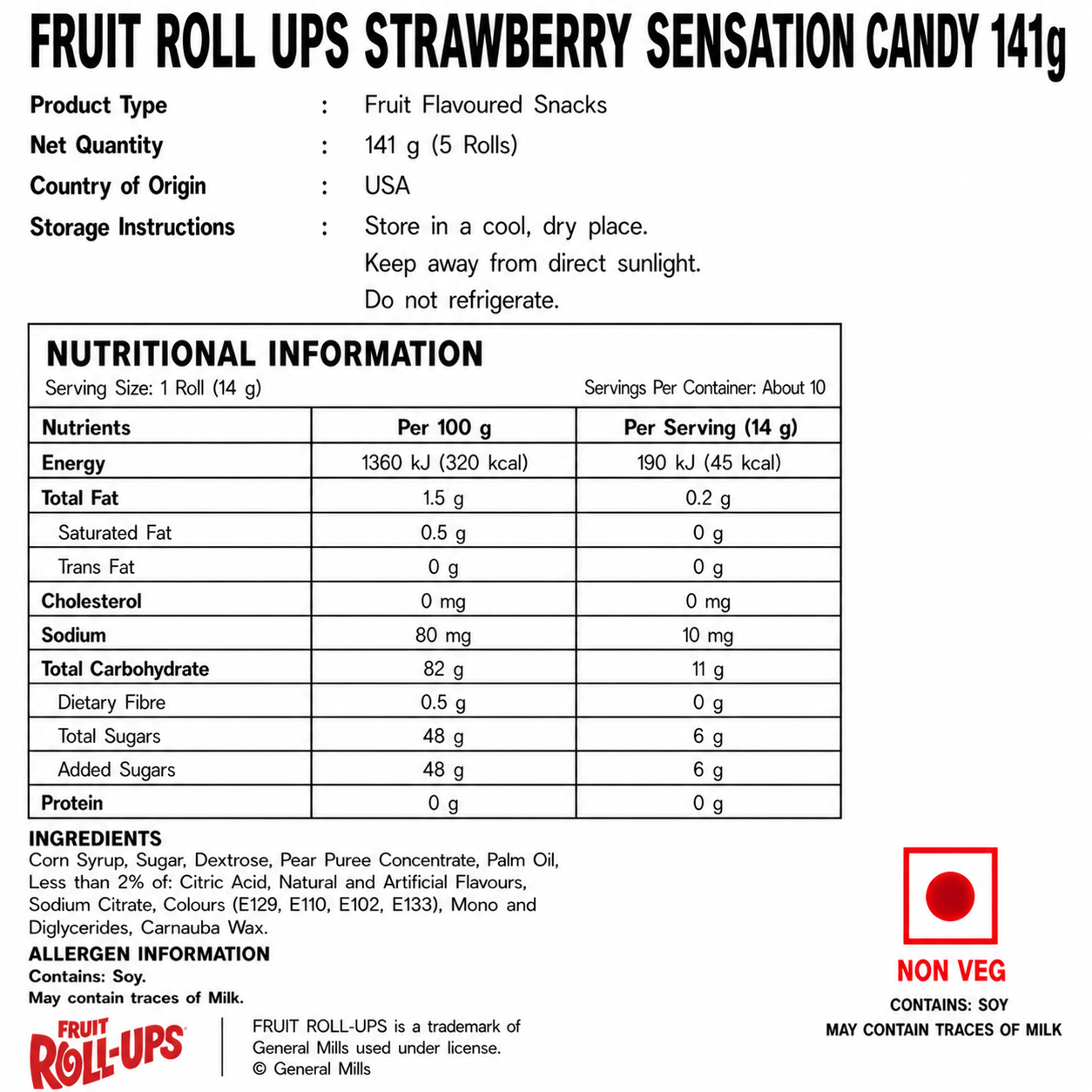 Fruit Roll Ups Strawberry Sensation Candy 141gm - Nosh Products