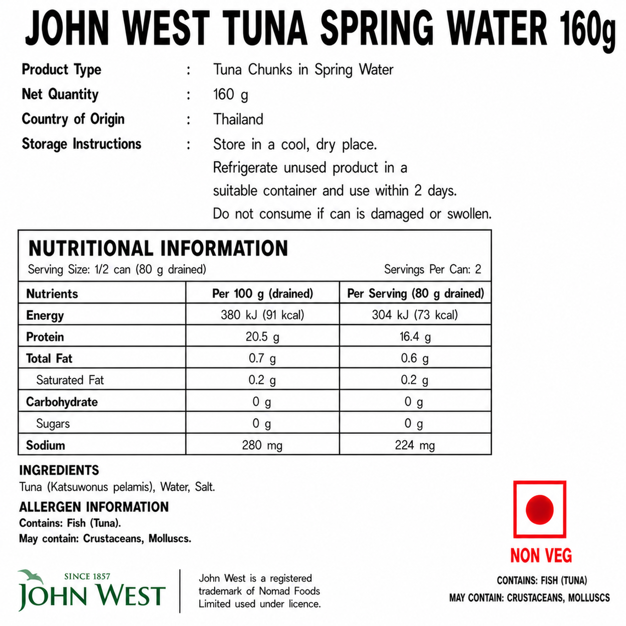 John West Tuna Spring Water 160gm - Nosh Products