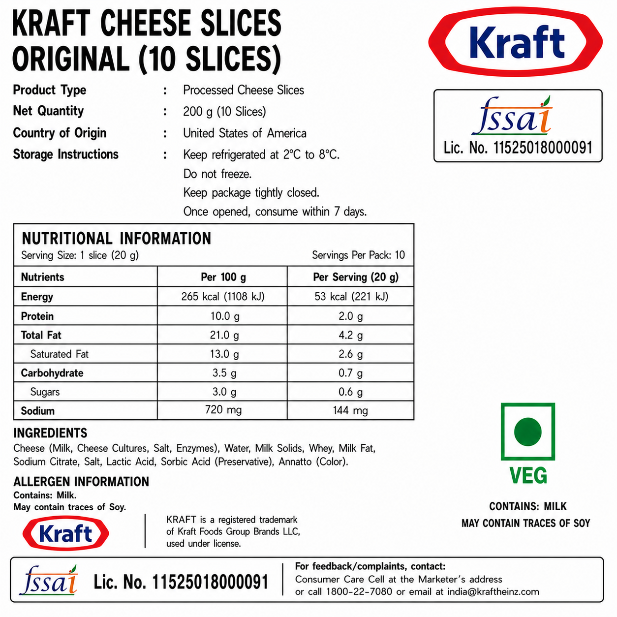 Kraft Cheese Slices Original (10 Slices) - Nosh Products