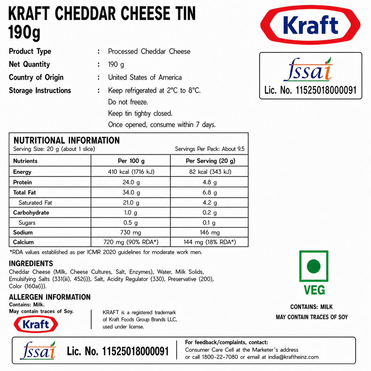 Kraft Cheddar Cheese Tin 190gm - Nosh Products