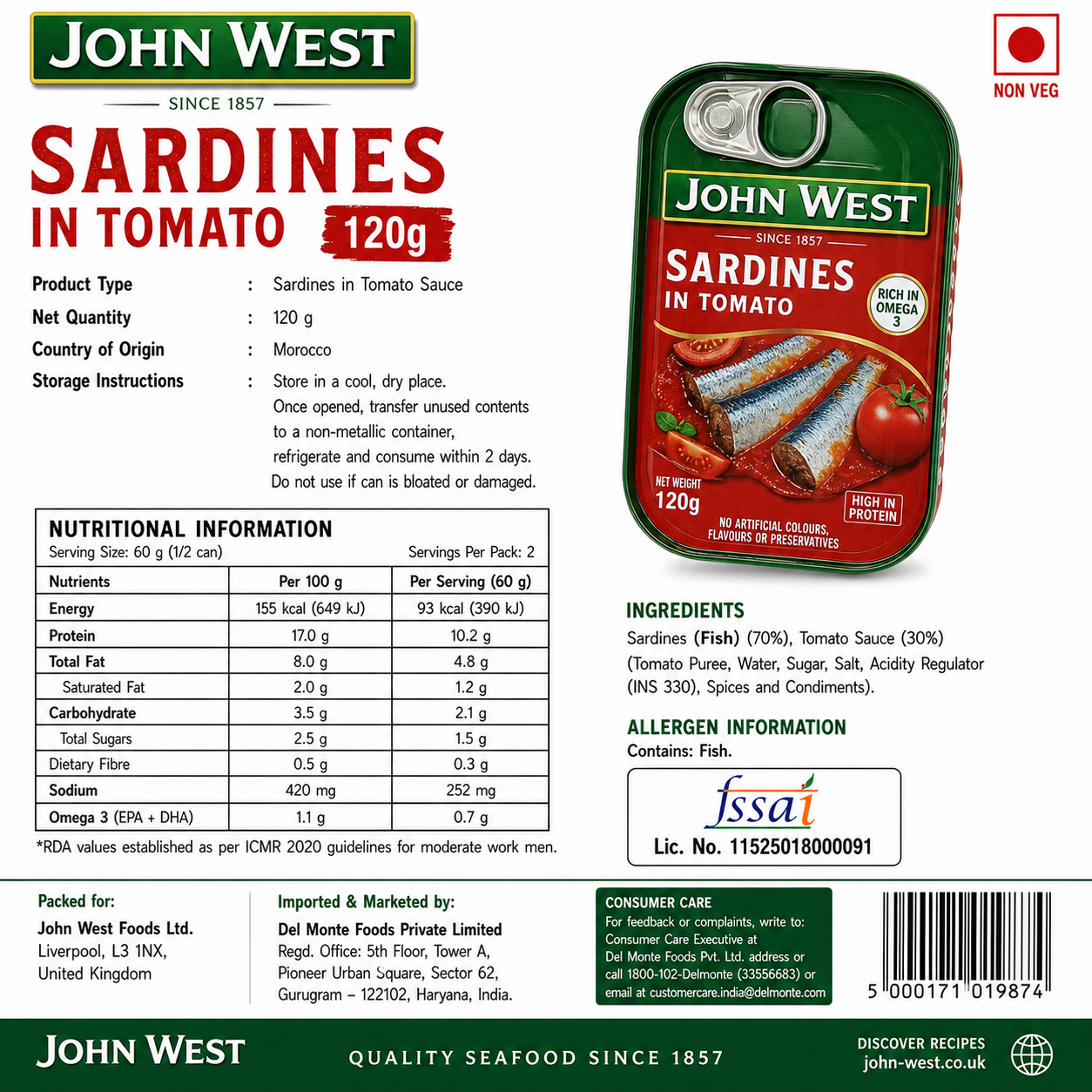 John West Sardine In Tomato 120gm - Nosh Products