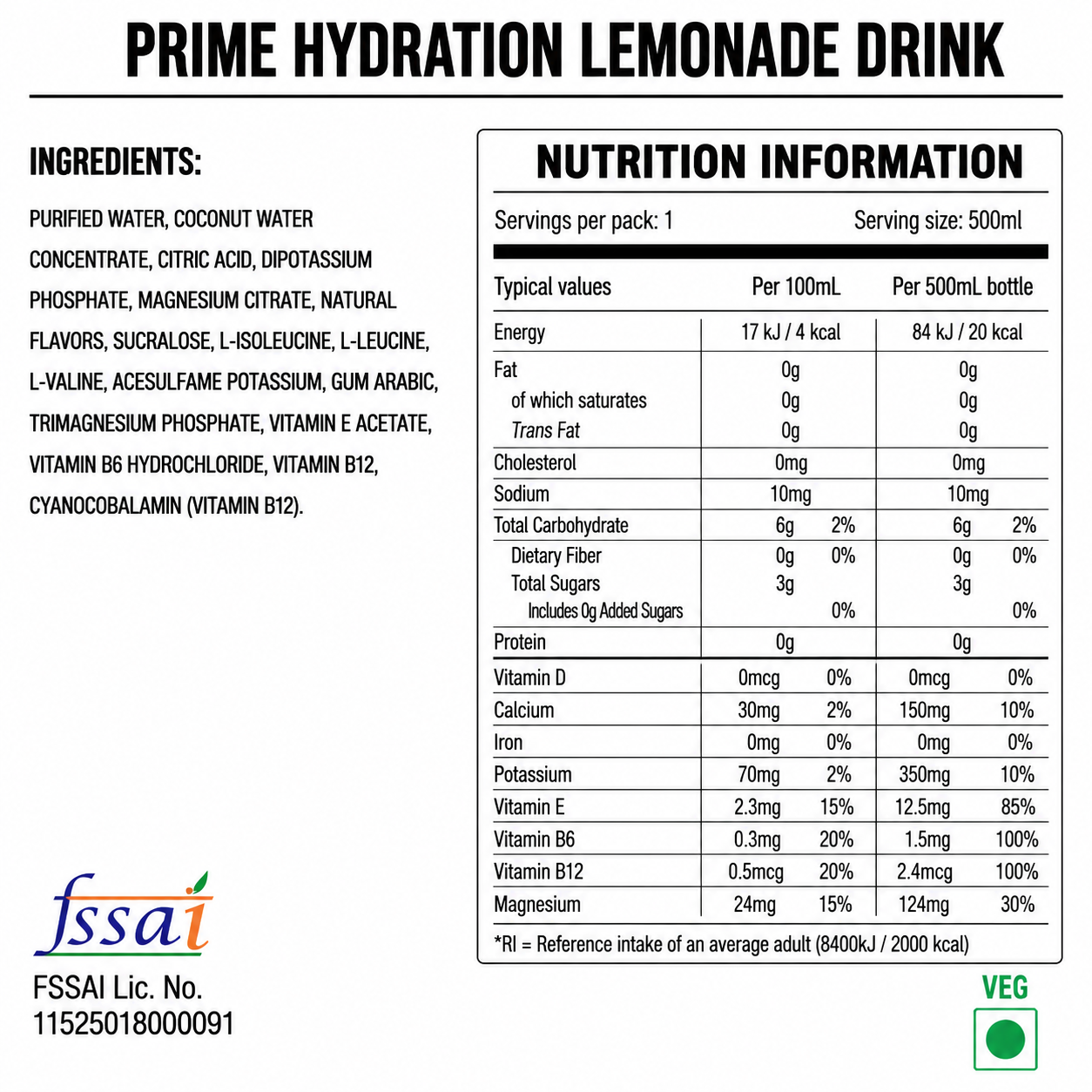 Prime Hydration Lemonade Drink 500ml Imported From USA - Nosh Products