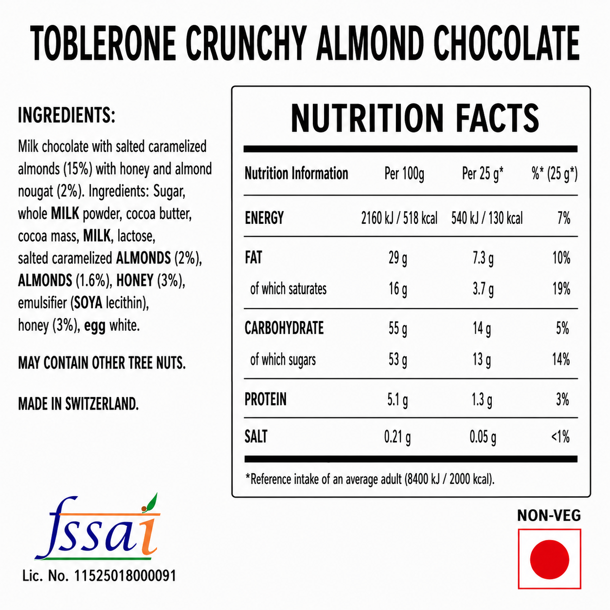 Toblerone Crunchy Almond Chocolate 100gm Imported From Switzerland - Nosh Products