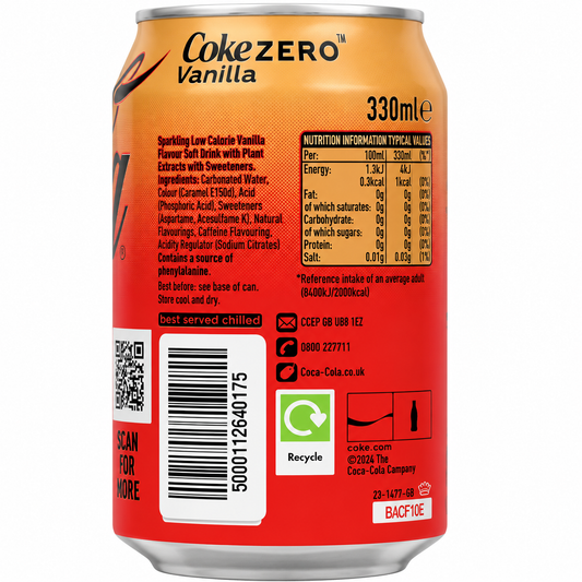 Coke Vanilla Zero Sugar 330ml Imported From UK - Nosh Products