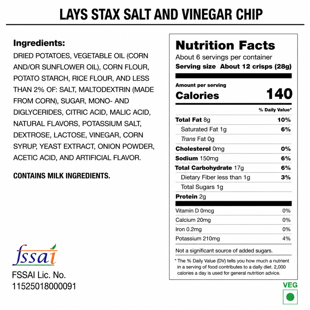 Lays Stax Salt And Vinegar Chips 155gm Imported From USA