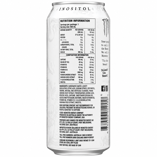 Monster White Energy Drink Zero Sugar 500ml (Pack of 4) Imported From UK - Nosh Products