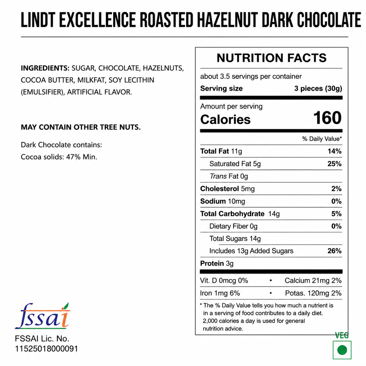 Lindt Excellence Roasted Hazelnut Dark Chocolate 100gm Global Import