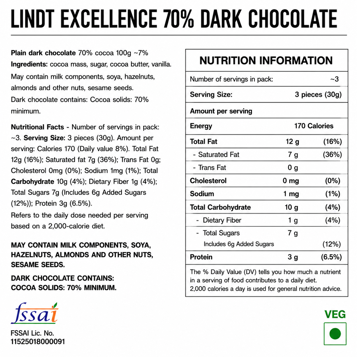 Lindt Excellence 70% Dark Chocolate 100gm Global Import - Nosh Products