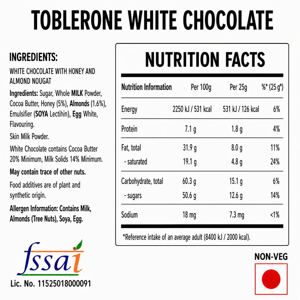 Toblerone White Chocolate 100gm Imported From Switzerland - Nosh Products