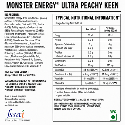 Monster Energy Drink Ultra Peachy Keen Zero Sugar 500ml (Pack of 4) Imported From UK