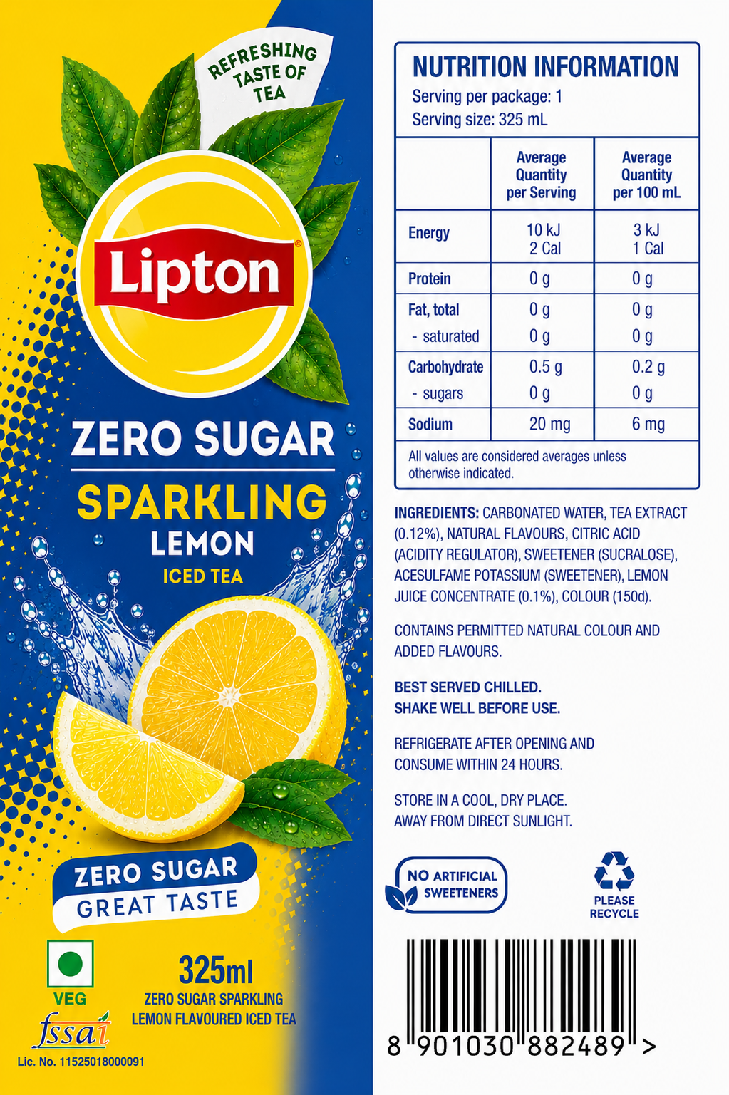 Lipton Zero Sugar Sparkling Lemon Iced Tea 325ml - Nosh Products