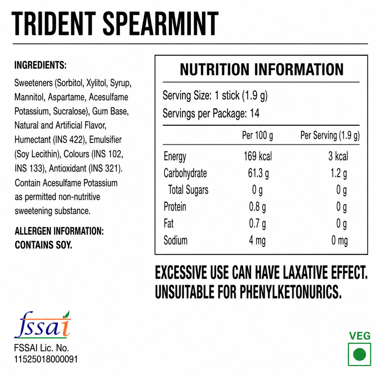 Trident Spearmint Chewing Gum Imported From USA - Nosh Products