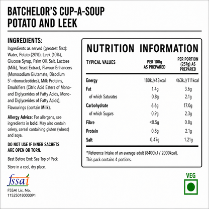 Batchelor's Cup-A-Soup Potato And Leek (4 Cups) Imported From USA