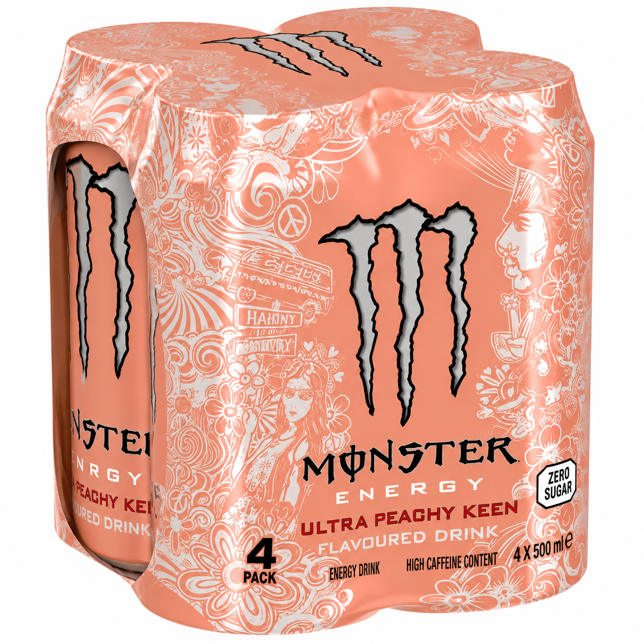 Monster Energy Drink Ultra Peachy Keen Zero Sugar 500ml (Pack of 4) Imported From UK