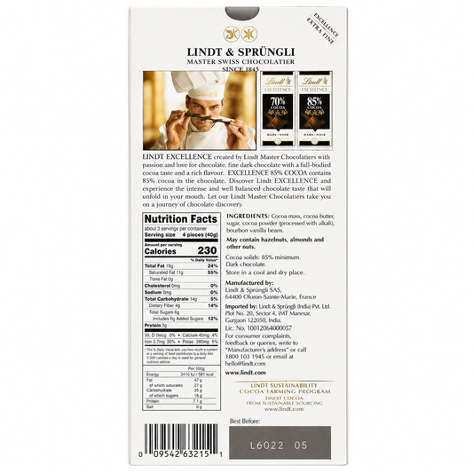 Lindt Excellence 85% Dark Chocolate 100gm Global Import