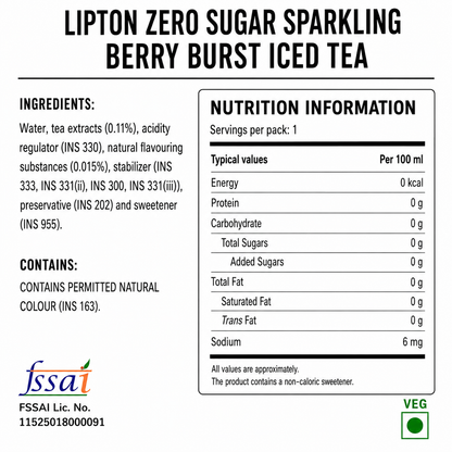 Lipton Zero Sugar Sparkling Berry Burst Iced Tea 325ml Imported From Thailand - Nosh Products
