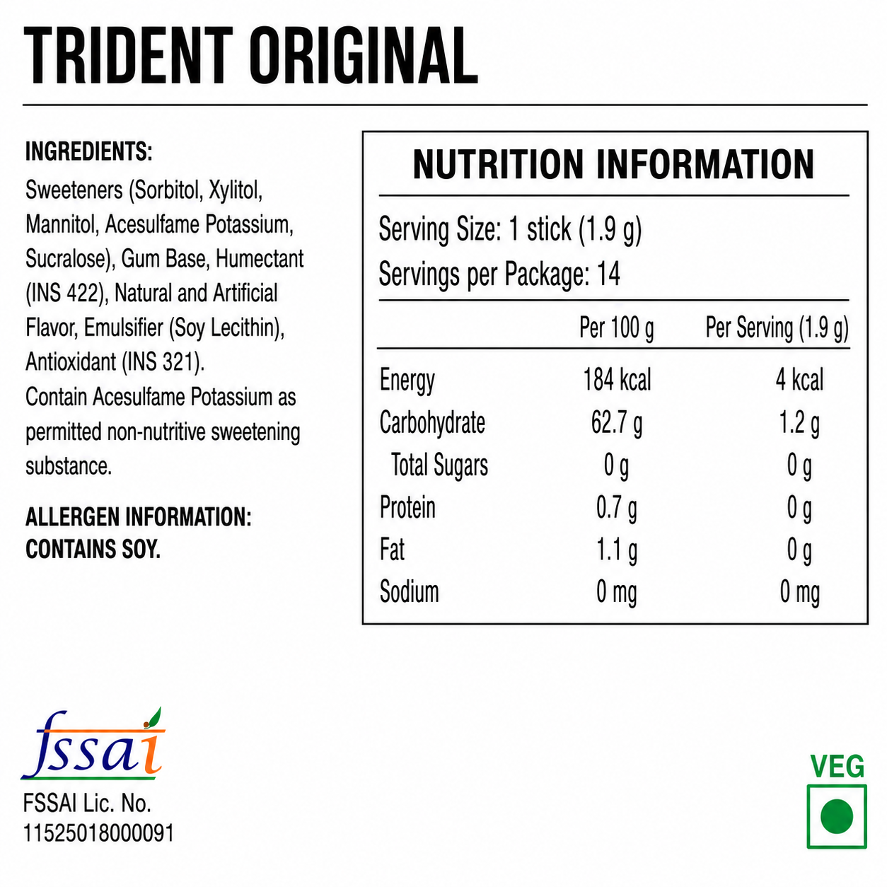 Trident Original Chewing Gum Imported From USA - Nosh Products