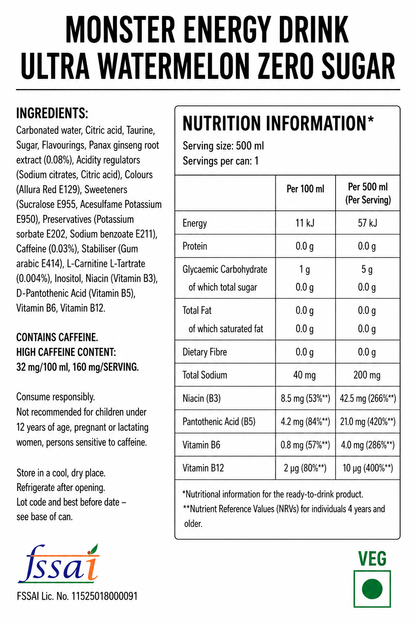 Monster Energy Drink Ultra Watermelon Zero Sugar 500ml ( Pack Of 4) Imported From UK