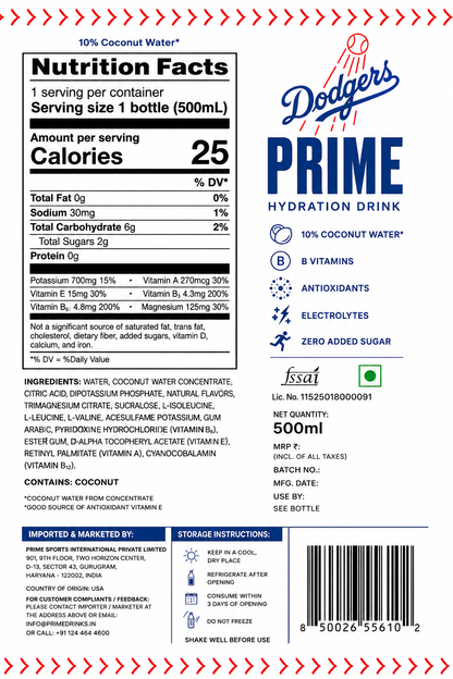 Prime Hydration Dodgers Drink 500ml  Imported From USA - Nosh Products