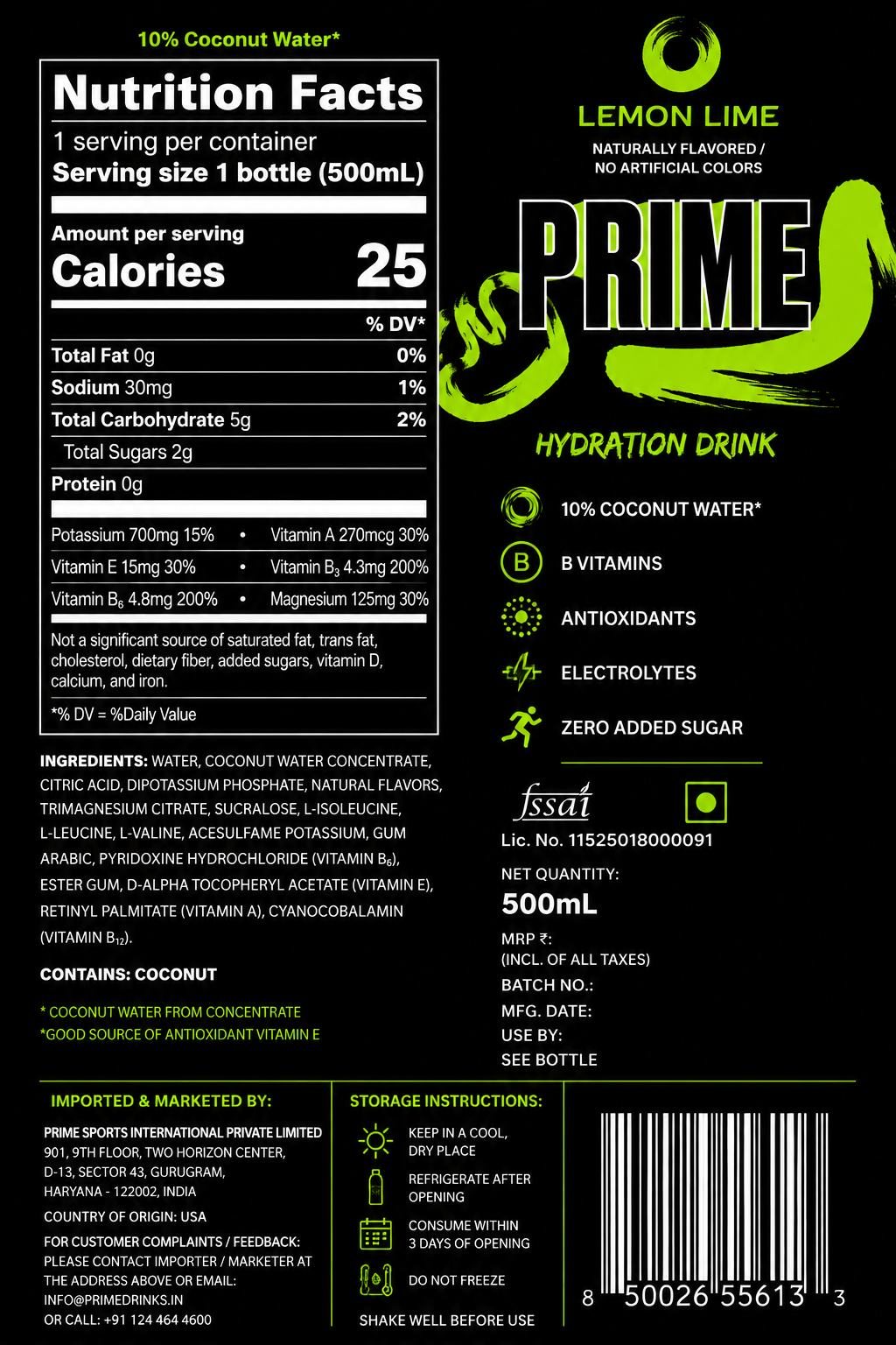 Prime Hydration Lemon Lime Drink 500ml Imported From USA - Nosh Products