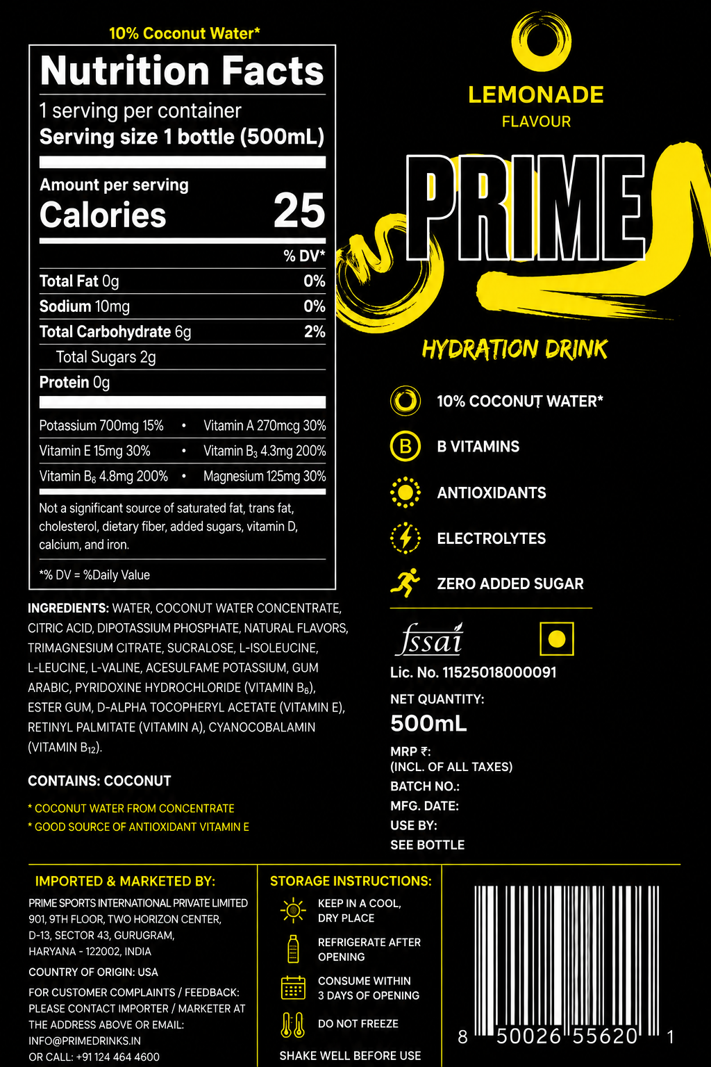 Prime Hydration Lemonade Drink 500ml Imported From USA - Nosh Products