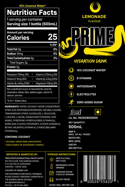 Prime Hydration Lemonade Drink 500ml Imported From USA - Nosh Products