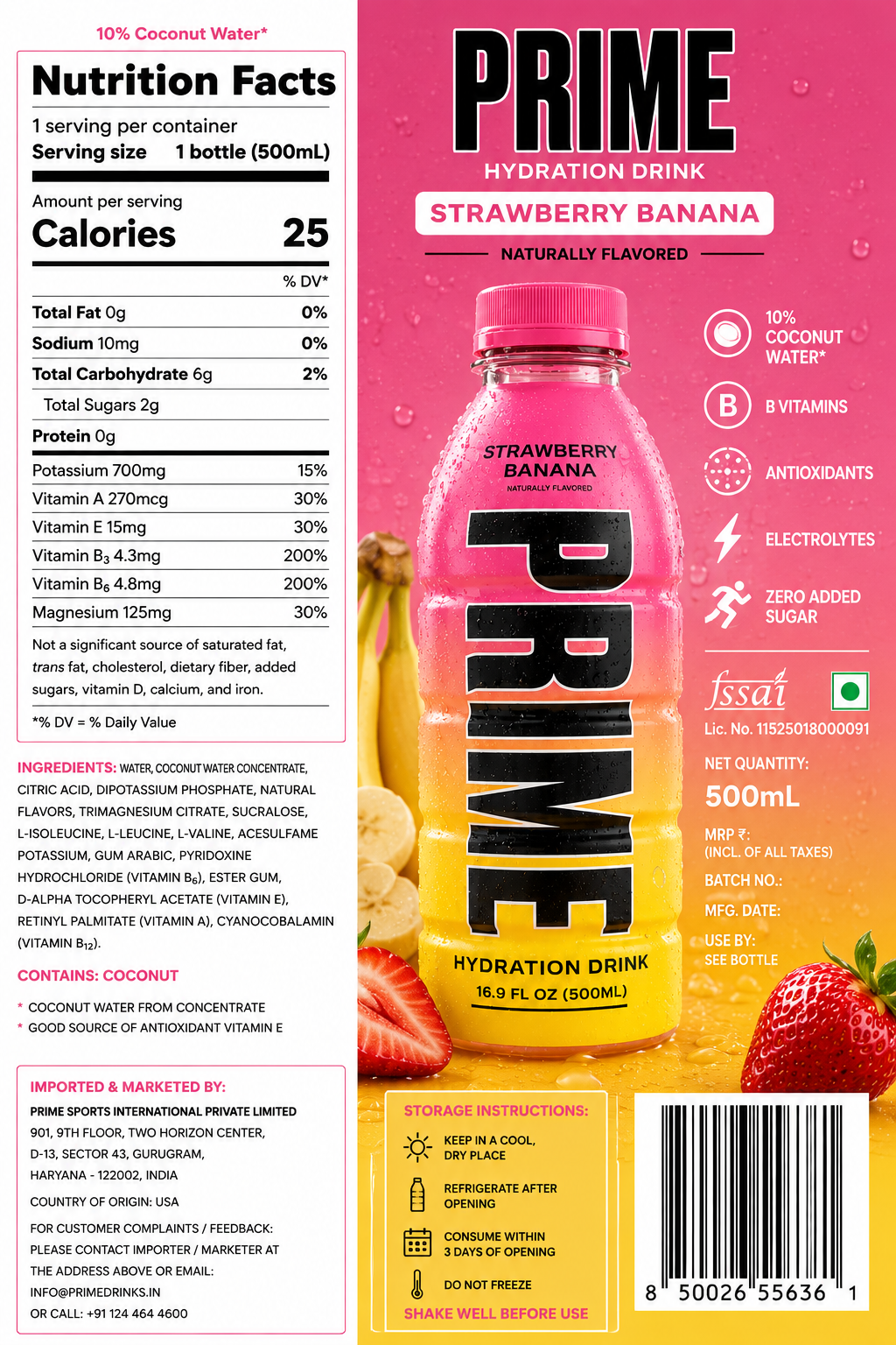 Prime Hydration Strawberry Banana 500ml Imported From USA - Nosh Products