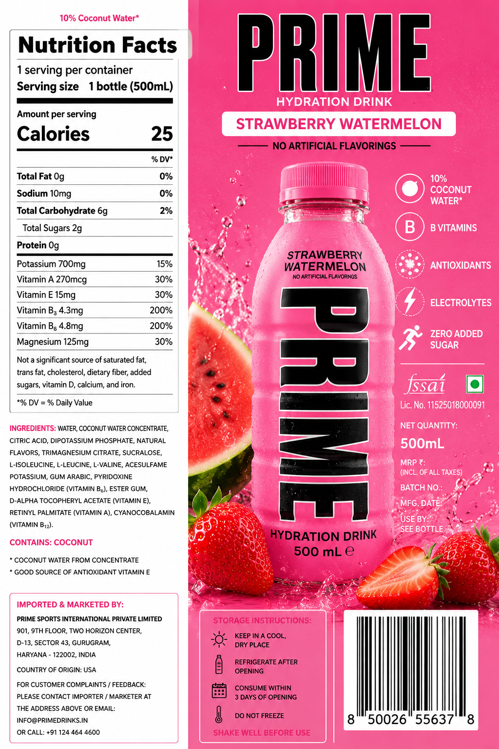 Prime Hydration Strawberry Watermelon Drink 500ml Imported From USA - Nosh Products