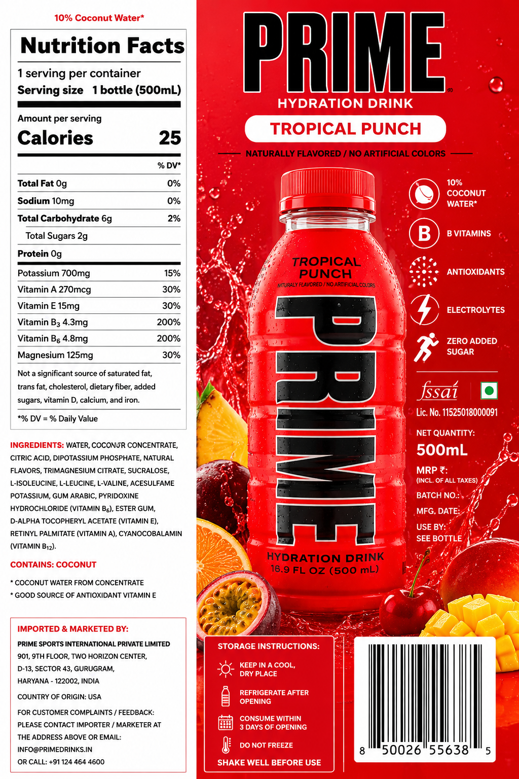 Prime Hydration Tropical Punch 500ml Imported From USA - Nosh Products