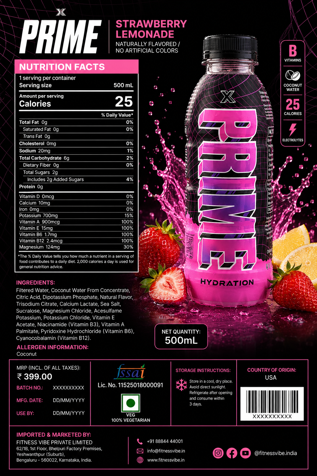 Prime X Strawberry Lemonade Hydration Drink 500ml  Imported From USA - Nosh Products