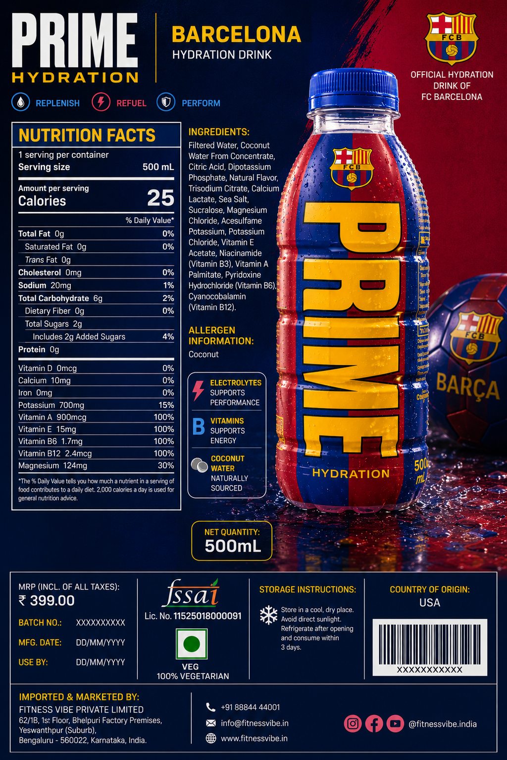 Prime Hydration Barcelona Drink 500ml Imported From USA - Nosh Products
