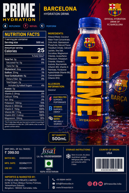 Prime Hydration Barcelona Drink 500ml Imported From USA - Nosh Products