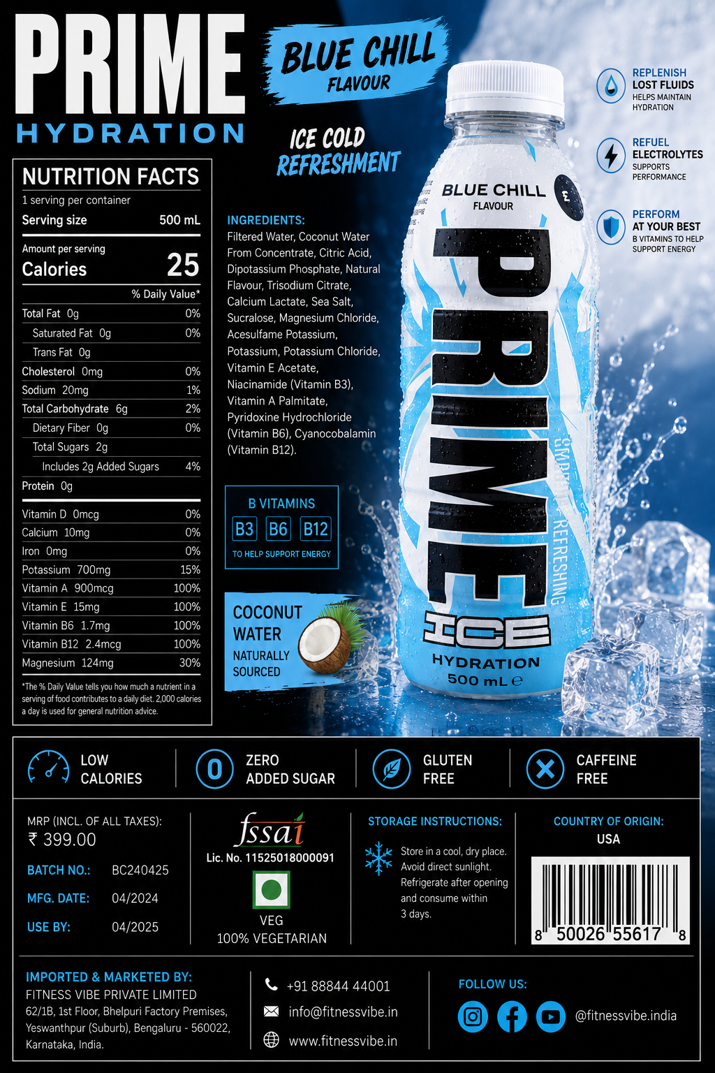 Prime Hydration Blue Chill Drink 500ml Imported From USA - Nosh Products