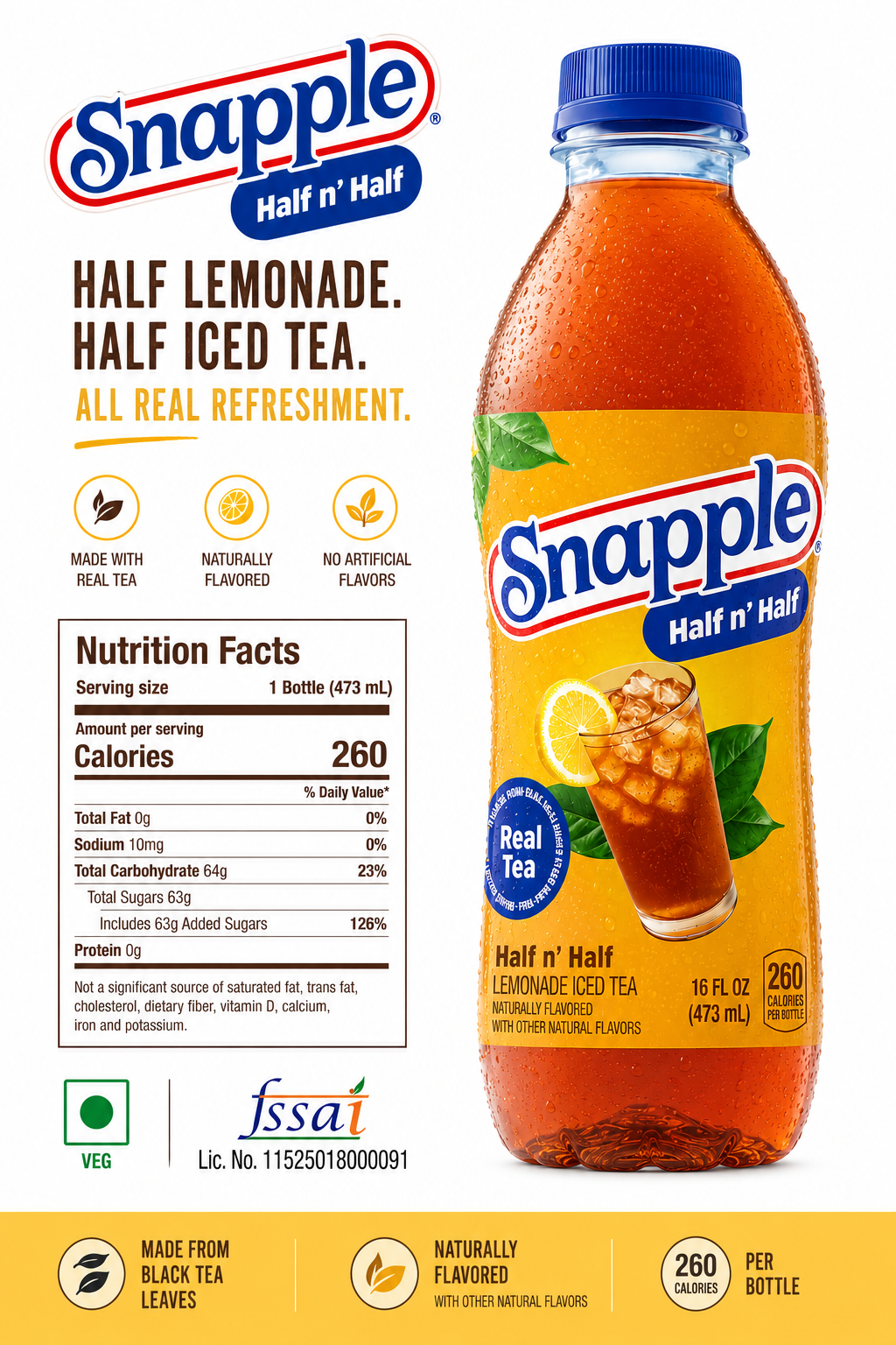 Snapple Half And Half Lemonade Iced Tea 473ml Imported From USA - Nosh Products