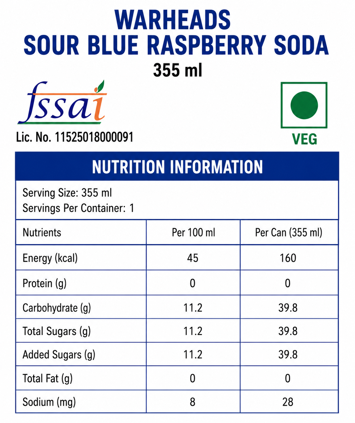 Warhead Blue Raspberry Soda 355ml  Imported From USA/UK - Nosh Products